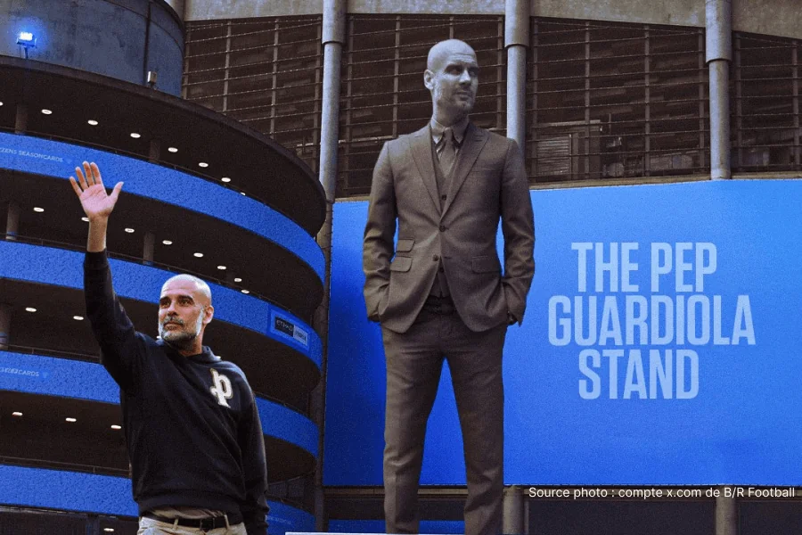 A nova tribuna norte do Etihad Stadium renomeada para The Pep Guardiola Stand antes do Manchester City Aston Villa em 24 de maio de 2026 — capacidade 61.000 lugares